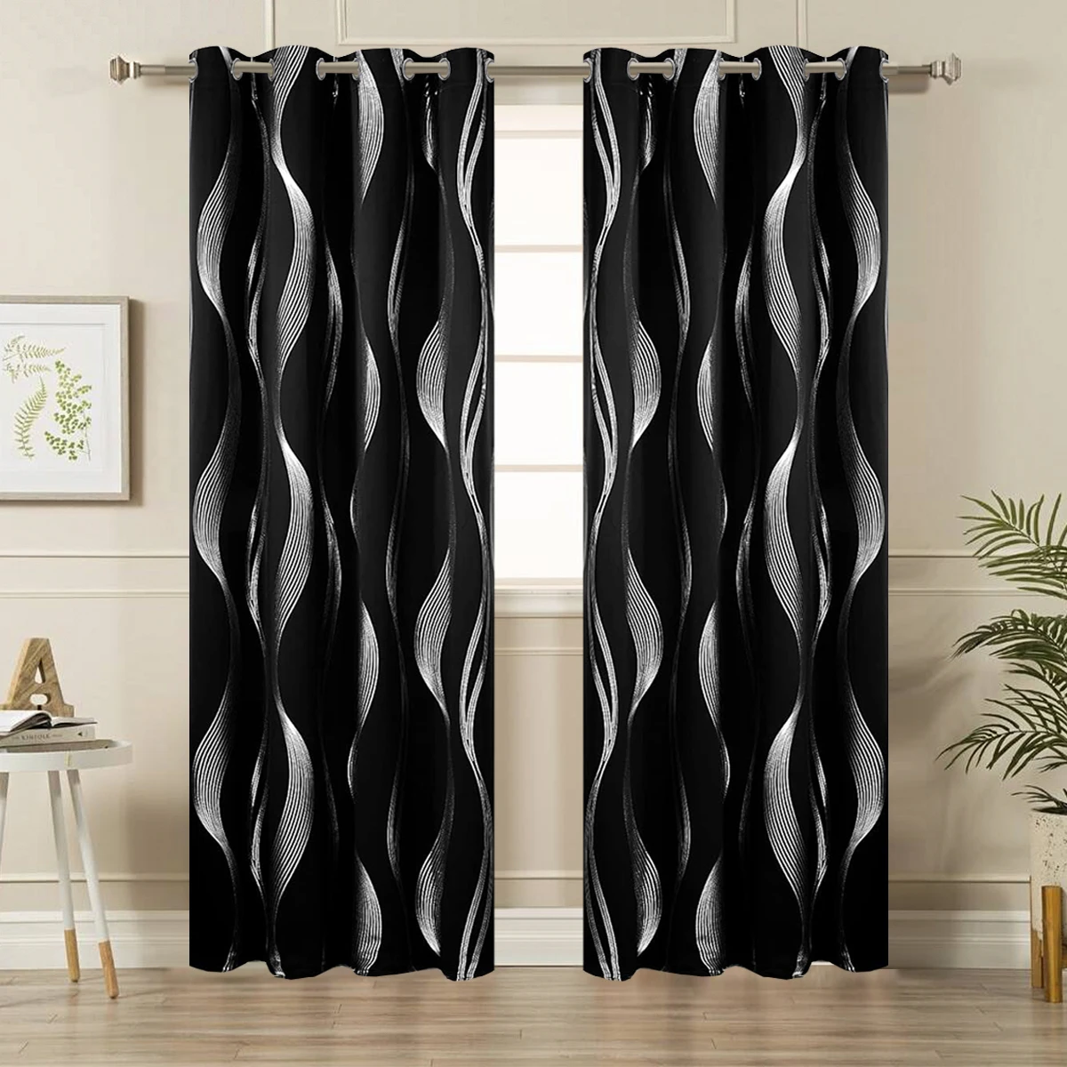 2 PCS Grommet Top Curtains, Silver Wavy Stripe Pattern Curtains, Indoor Sun Shading, Heat Insulation, Bedroom/Home Decoration