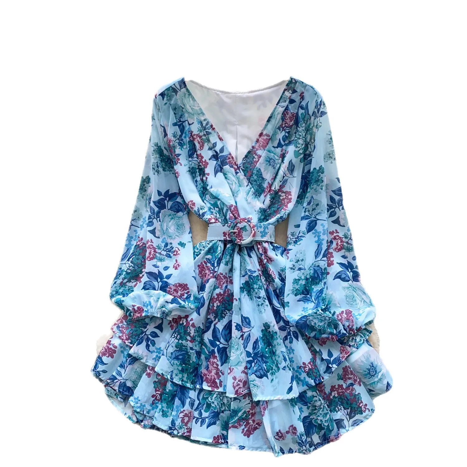 Abiti da donna Beach Stampa Ruffles Mini abito con scollo a V Manica a sbuffo Elegante cintura Abito Skinny A Line Abiti Lady Vita alta Estate