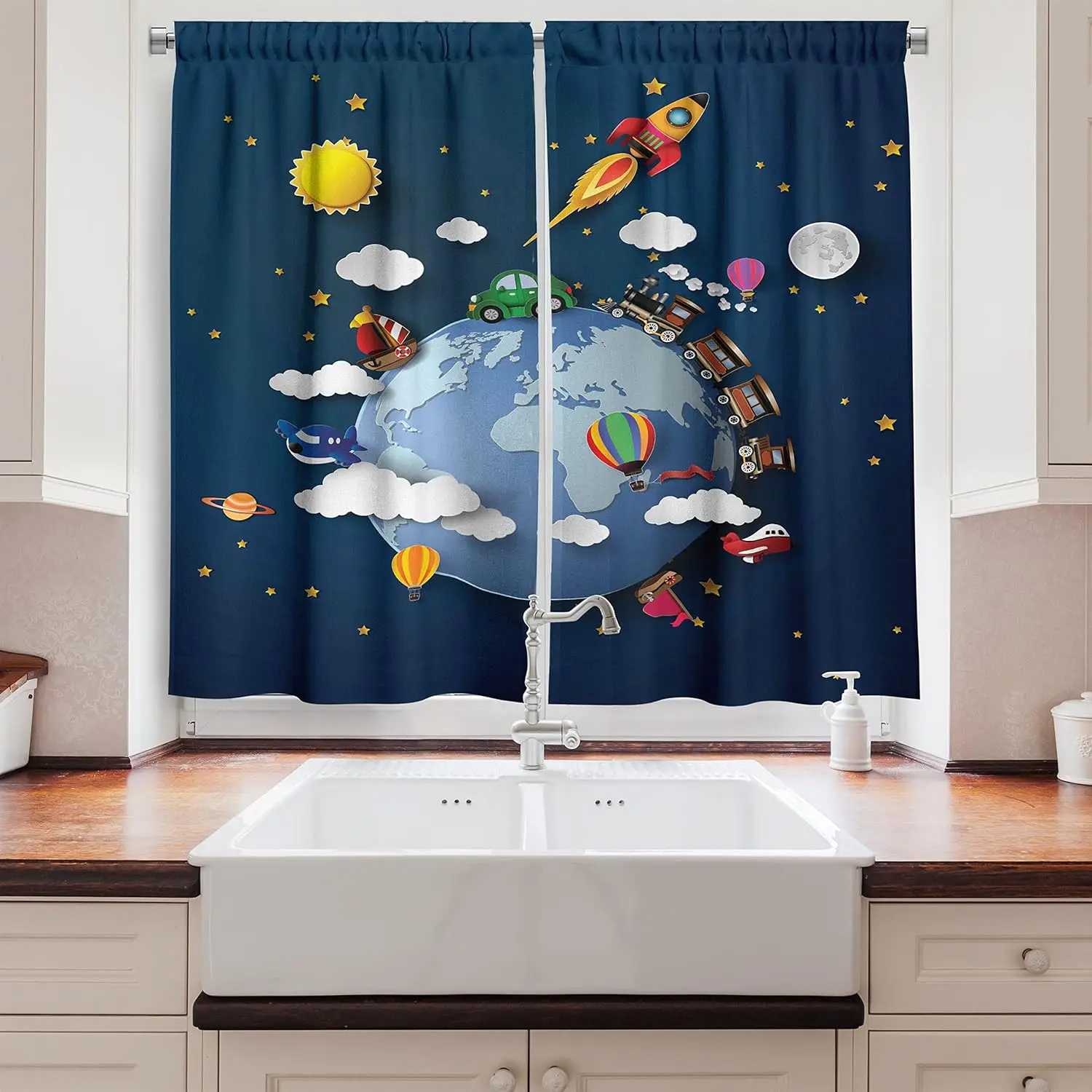 Lunarable Travel Kitchen Curtains,Journey on Earth with Plane Car Rocket Spaceship Train Holiday Adventure Cosmos, Window Drapes