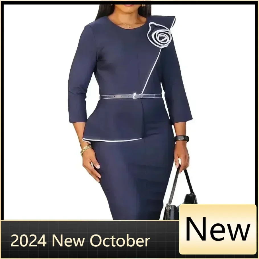 

Customized 2024 Dashiki African Dresses for Women Autumn Fashion 3/4 Sleeve Polyester O-neck Party Evening Bodycon Dress Outfits