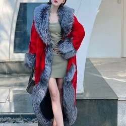 2024Winter Women  Real Rabbit Fur Coats With Fox Lapel Collar Natural Whole Skin Rabbit Fur Long Jackets Overcoat Luxury