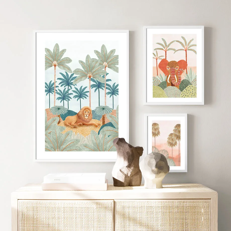 Tropical jungle Animals Poster Giraffe Monkey Lion Wall Art Mural Print Canvas Painting Wall Pictures Baby Kids Room Home Decor