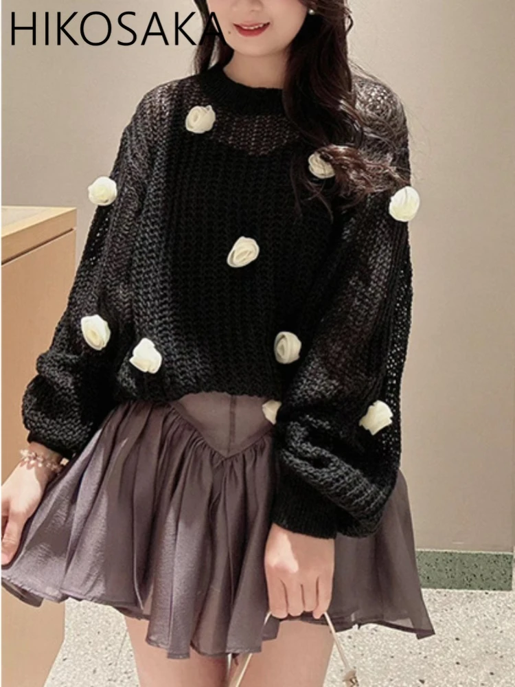 Sweet O-neck Three-dimensional Flower Mesh Knitwear Japan Style Temperament Solid Loose Pullovers 2024 Spring Summer Sweater