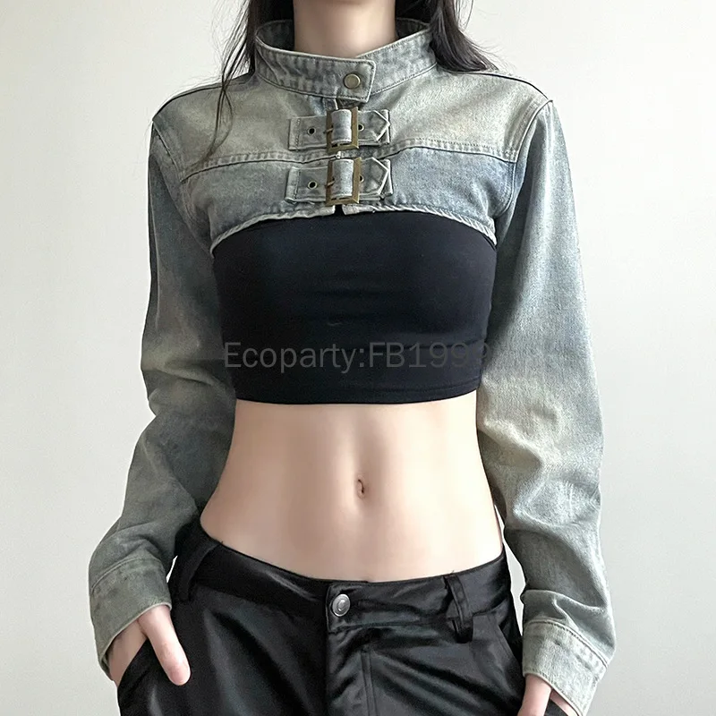 Women Fashion Denim Jacket Y2K Aesthetic Vintage Sexy Crop Tops Coat Japanese Harajuku Streetwear Female Spring Summer Outerwear