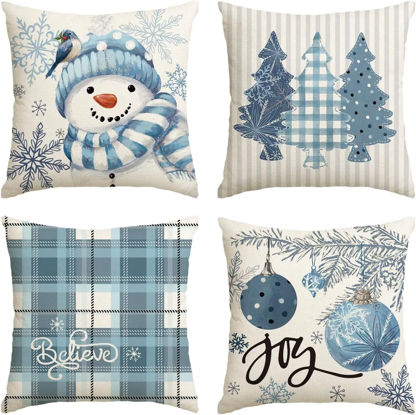 

Christmas Throw Pillow Covers,Blue Snowman Joy,Striped Xmas Trees,Buffalo Plaid Pillowcases for Sofa Couch, Set of 4, 18x18 Inch