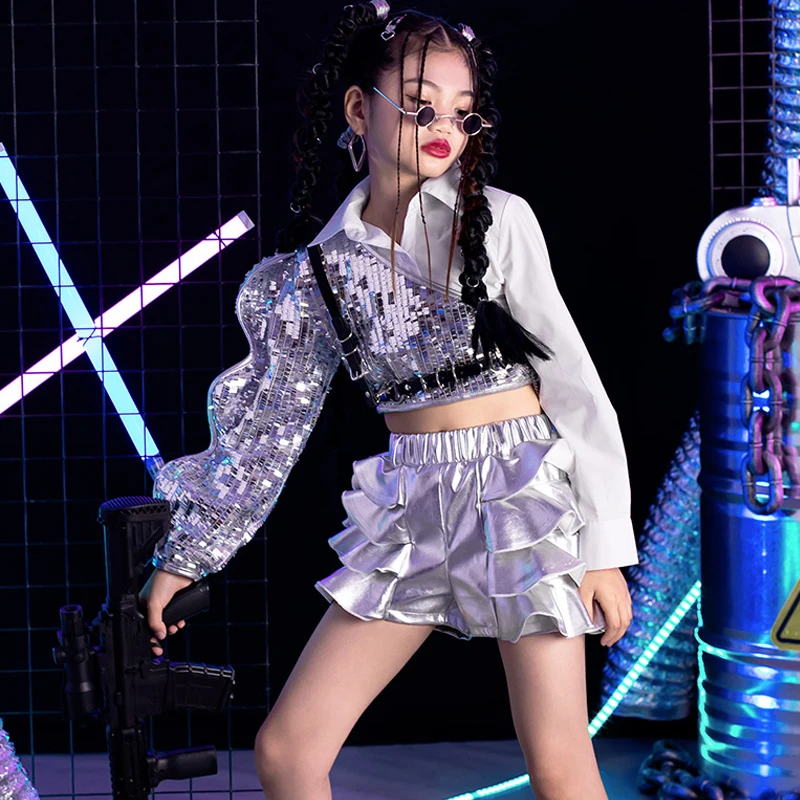 Children Jazz Dance  Costumes For Girls Sliver Sequin Kpop Outfits Ballroom Hip Hop Dance Rave Clothes Performance Wear DQL8233