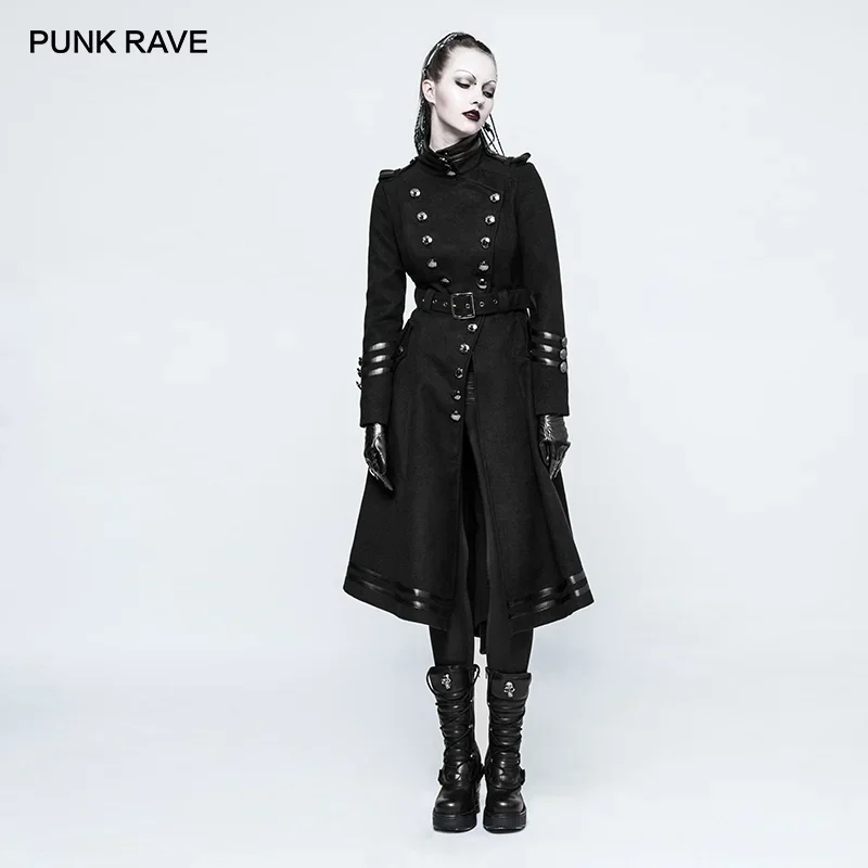 

PUNK RAVE Women's Punk Military Metal Button Winter Wool Uniform Black Coat with Belt Fashion Palace Women Long Jackt Coats