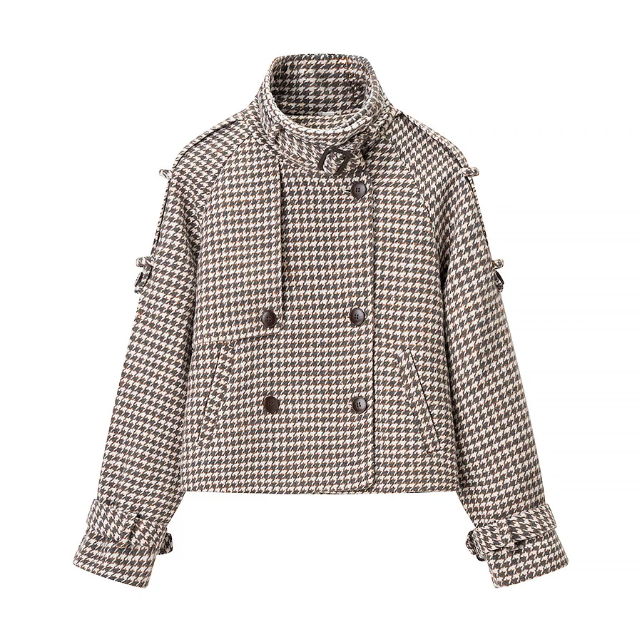 

2025 WOMAN Fashion European and American Style Autumn New Houndstooth Short Coat Chic Double-breasted Coat Outerwear Mujer