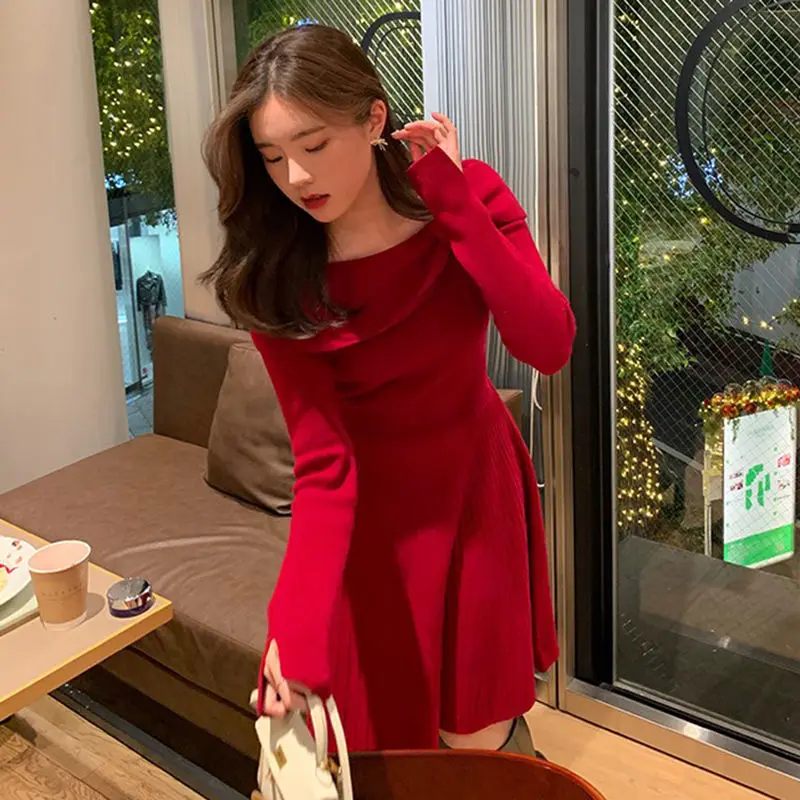 

Knit One Piece Dress Korean 2021 Spring Long Sleeve Slim Sweater Dress Women Casual Elegant Office Knit Dress Female Winter Cute