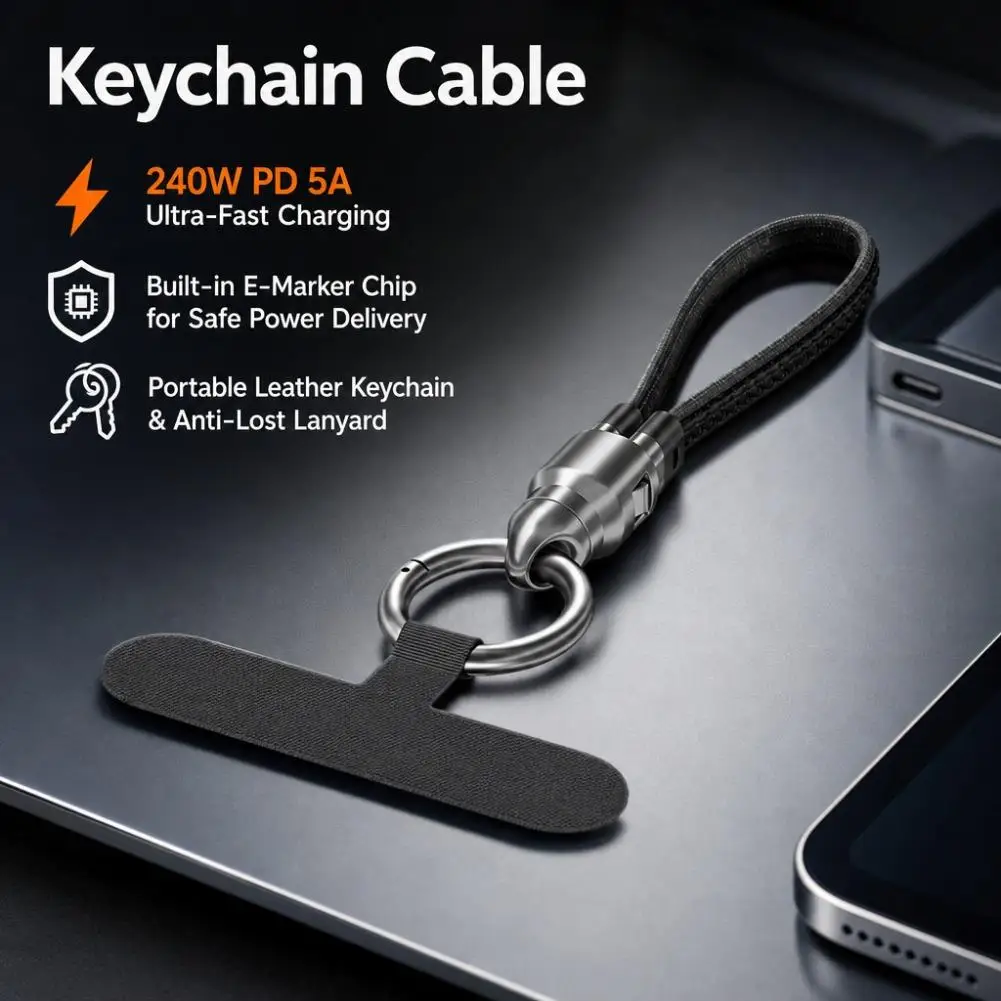 240W Short Strap Data Cable with Leather Keychain for Dual Type-C Ports PD Fast Charging for iPhone Portable Data Cable Keychai