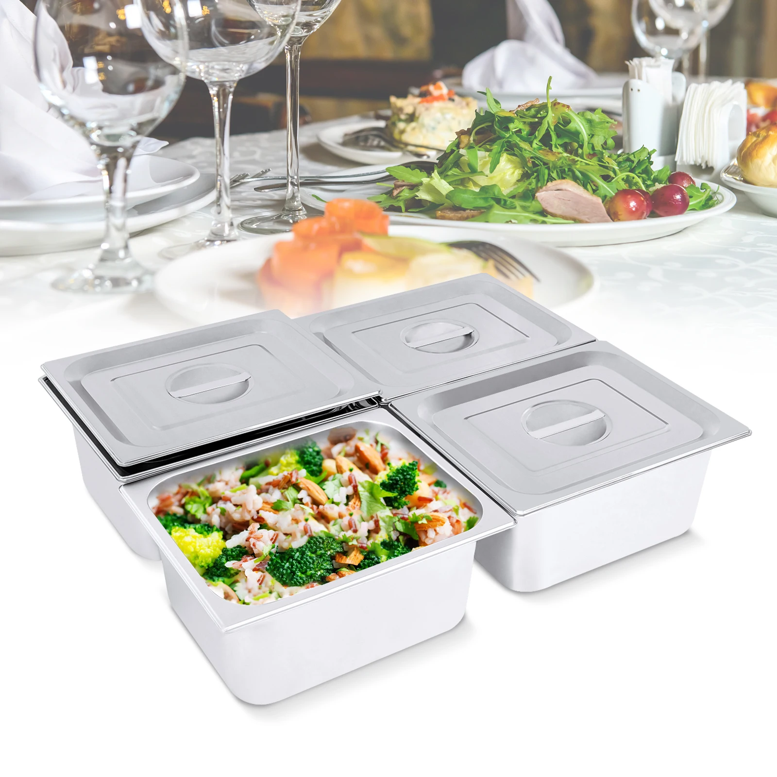 4 Pack 6" Deep 1/2 Size Steam Table Pans and Lids Hotel Food Pan Stainless Steel