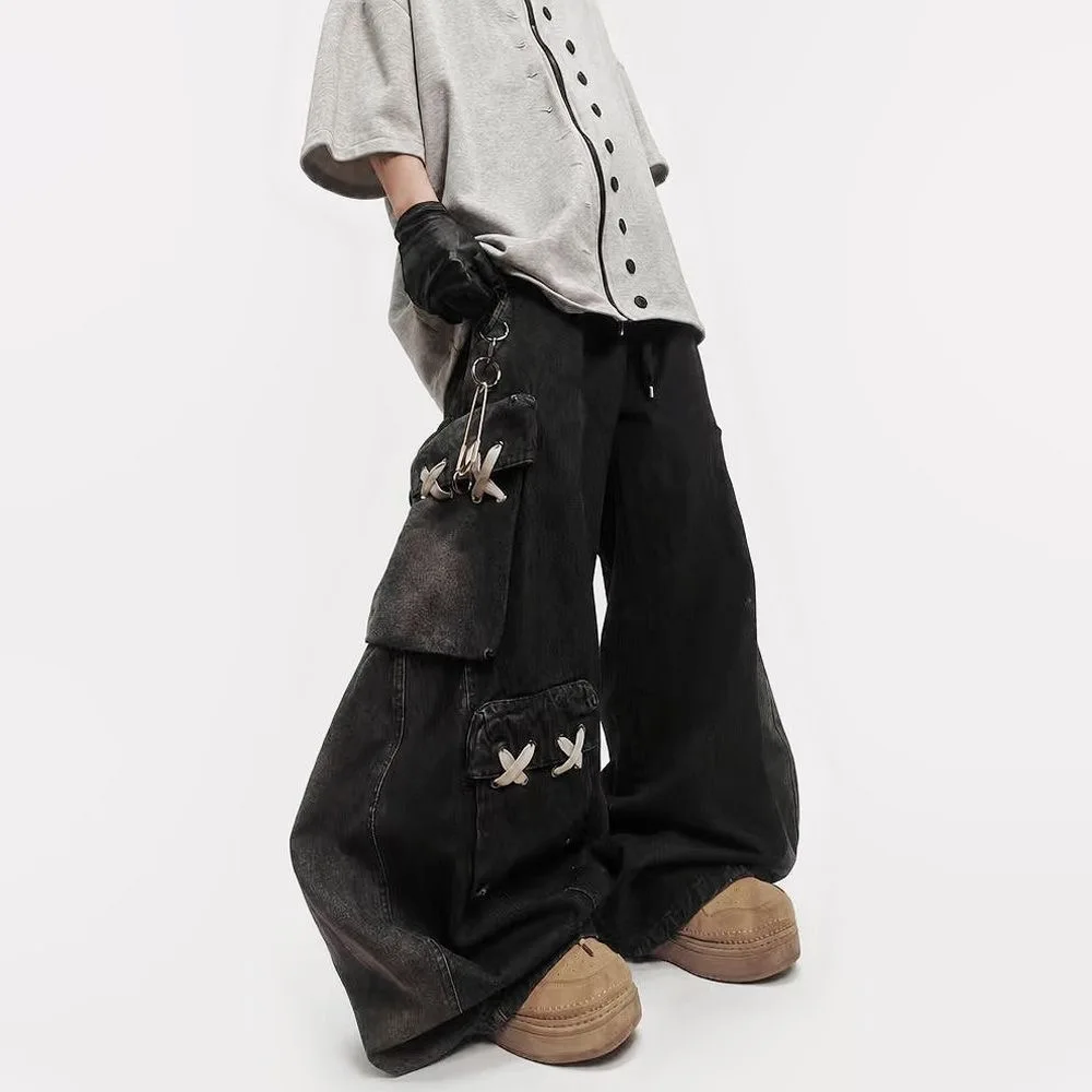 ARENS 2026 New Original Streetwear Multi Pockets Design Cross Wide Leg Denim Pants Men Stylish Baggy Trendy Casual Jeans