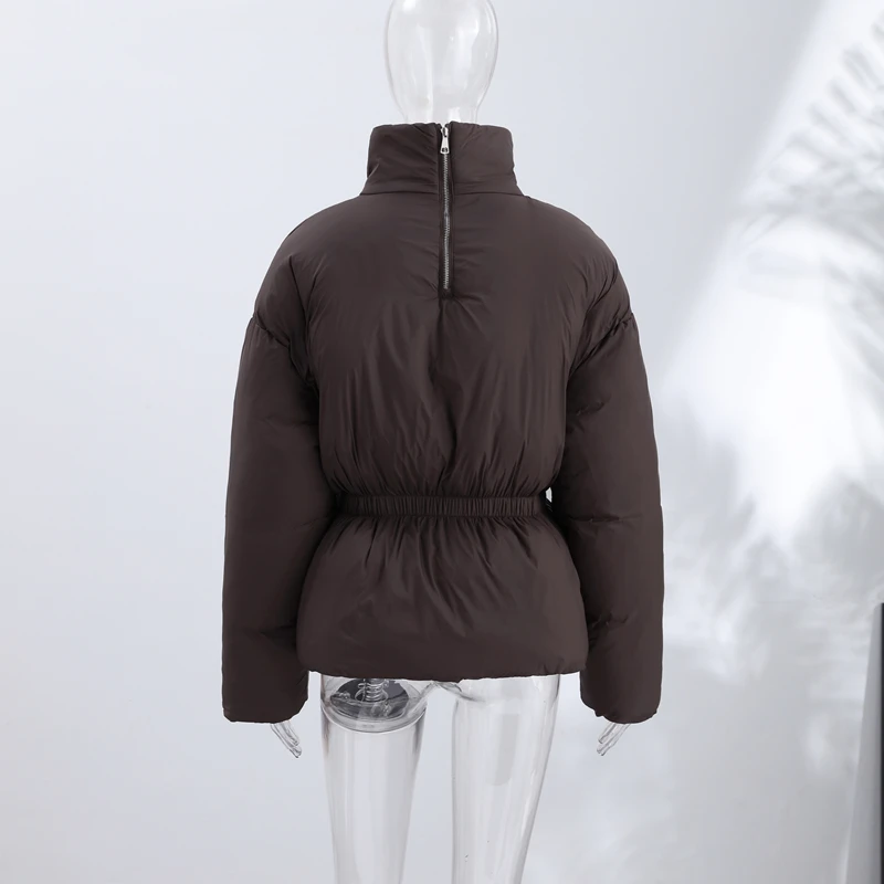 Back Half Zip Women's Winter Puffer Jackets Elastic Waist Ruffle Hem Cropped Padded Coat Loose Long Sleeve Warm Outerwear