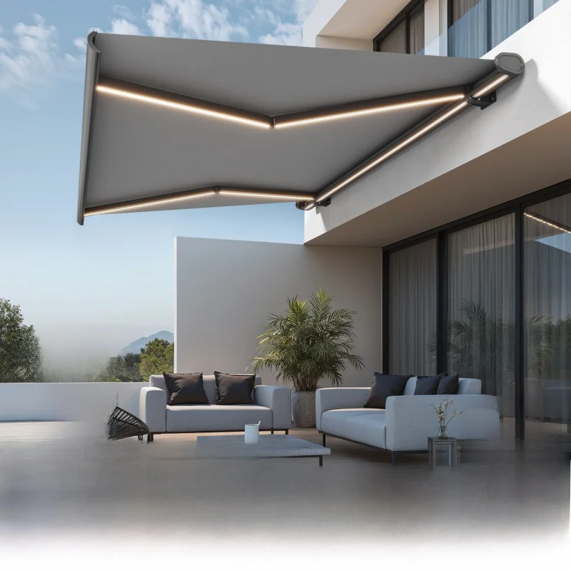 

Электрический выдвижной навес с дистанционным управлением для балконов и дворов вилл, полностью закрытый солнцезащитный и дождезащитный тент, инсталяционный монтаж.