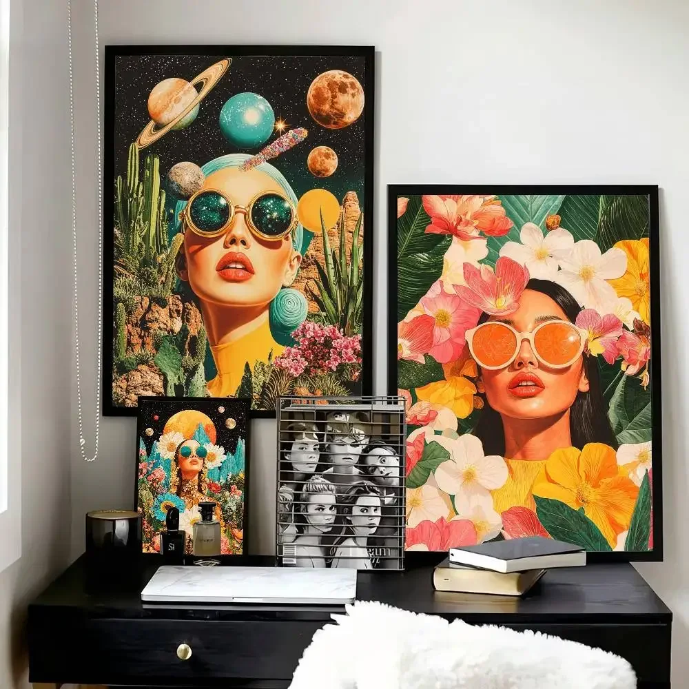 Vintage Psychedelic Fashion Glasses Woman with Flowers Planets Portrait  Posters Self-adhesive Decorations Color Prints Sticky