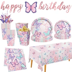 Butterfly Party Decoration Pink Butterfly Disposable Tableware Plate Cup Napkin Tablecloth Straw Popcorn Box Girl Birthday Favor