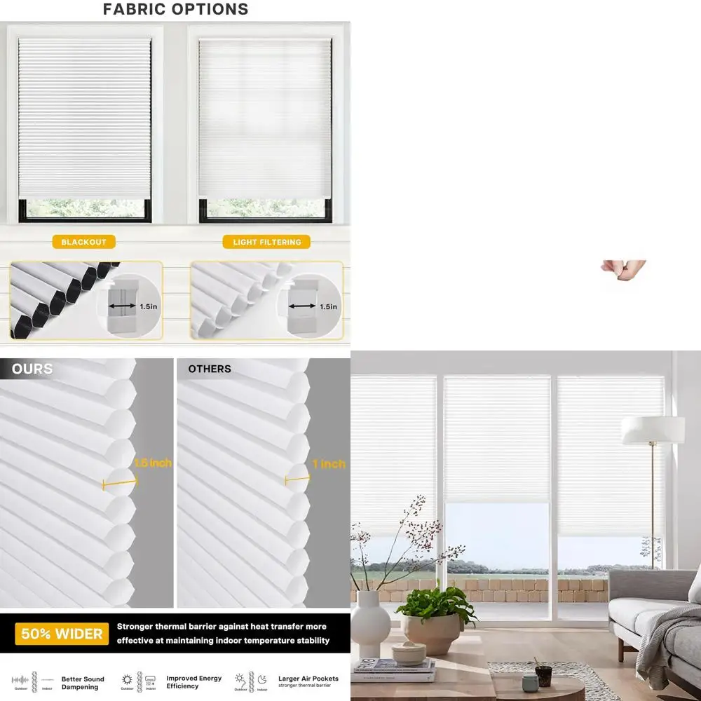 Wireless Cellular Shades, Light Filtering, Insulated UV Protection, Easy Install, 36x48, White