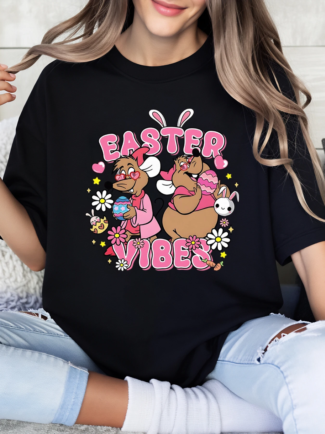 Easter Bunny and Duck Print Easter Vibes T-Shirt Women Casual Spring Festival Outfit Black Plus-Size