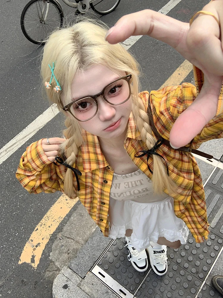 

Женский топ в желтую клетку в американском стиле ретро Long Sve irt, лето 2024, новый солнцезащитный топ, верхняя одежда Lazy BM