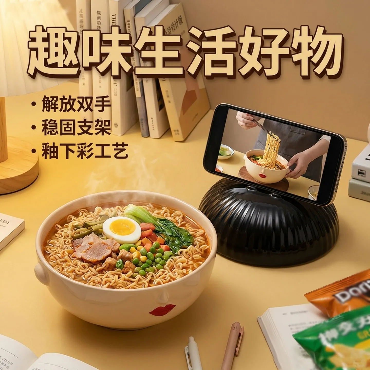 Creative Girl Ceramic Instant Noodle Bowl with Cover and Mobile Phone Bracket Microwave Office Student Dormitory Ceramic Bowl