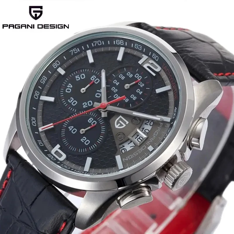 PAGANI‑DESIGN PD‑3306 Large Dial Men Quartz Watch Chronograph Tachymeter Hardlex Crystal Leather Strap Casual Male Sports