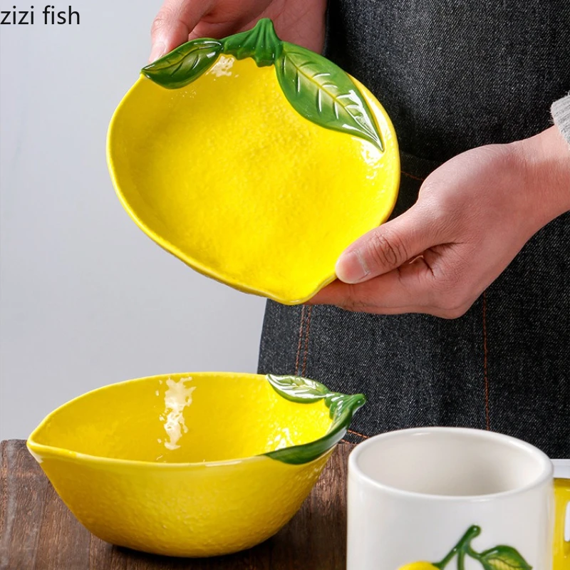 

Hand Drawn Lemon Ceramics Dining Plate Coffee Cup Fruit Plates Salad Bowl Soup Bowl Dessert Plate Western Style Steak Plates