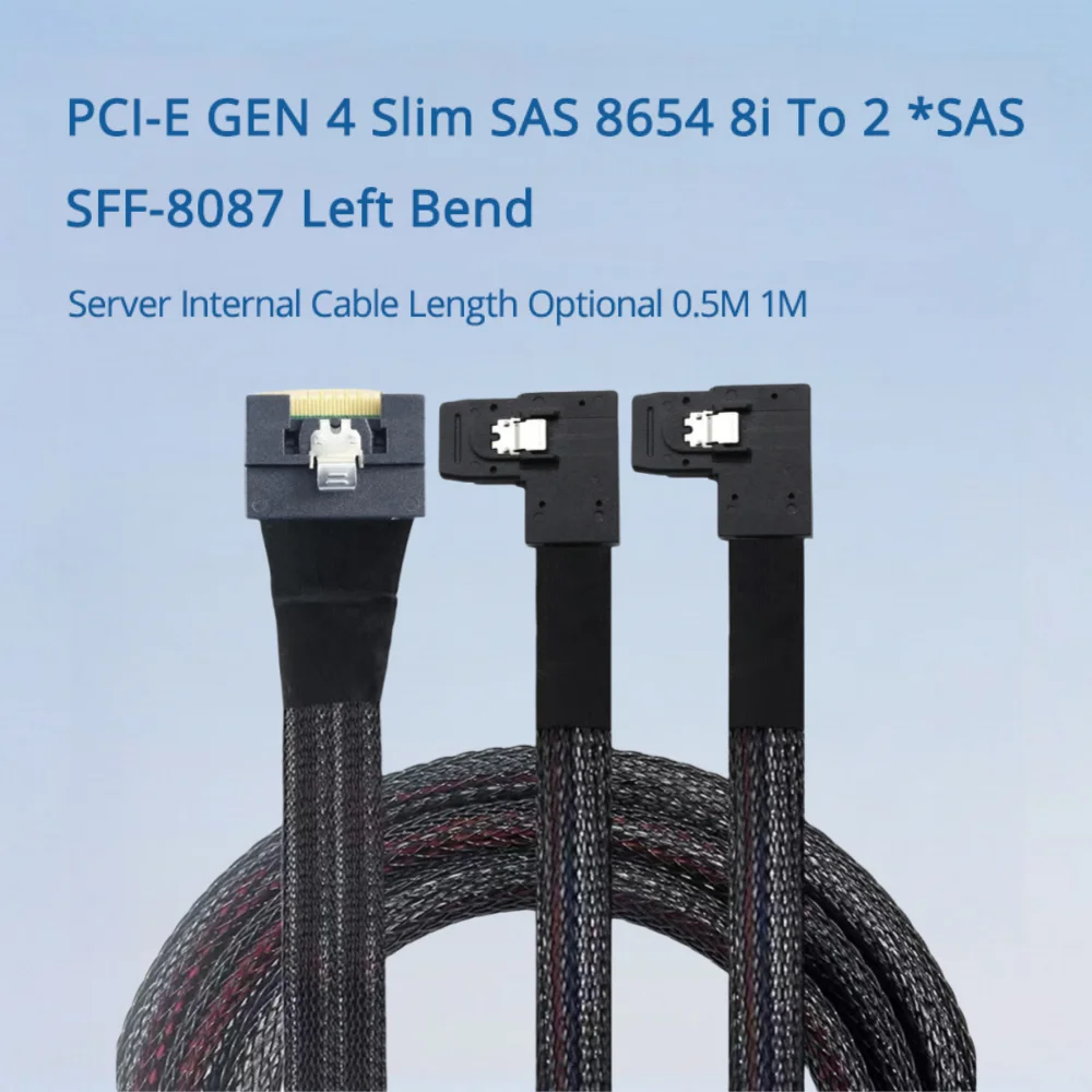 

PCI-E GEN 4 Slim SAS 8654 8i To 2 *SAS SFF-8087 Left Bend Server Internal Cable Length Optional 0.5M 1M