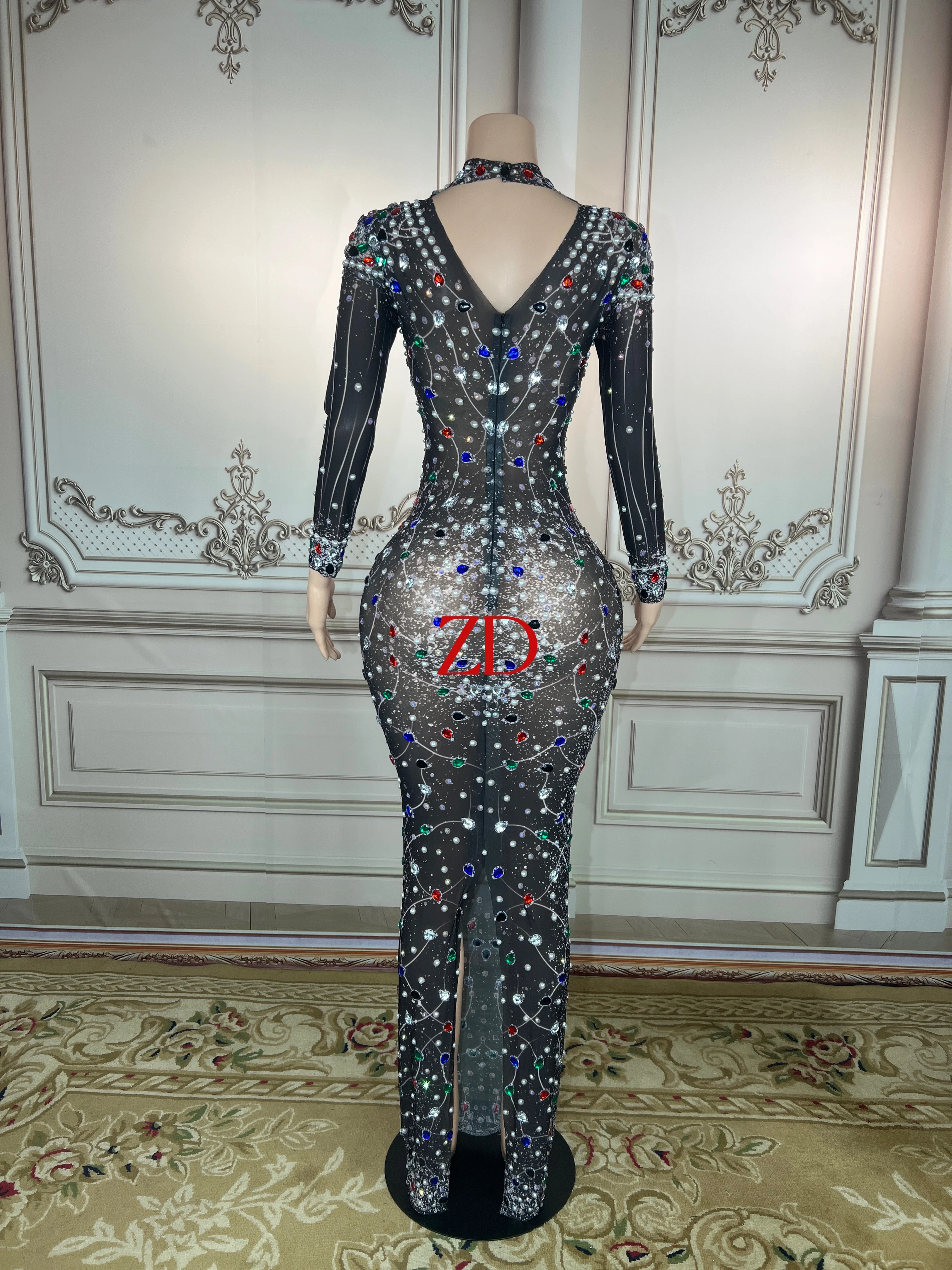 Colorful Crystals Pearls black  Mesh Dress Prom Evening Sexy Transparent Multicolor Rhinestones Costum BirthdaySleeves plus size