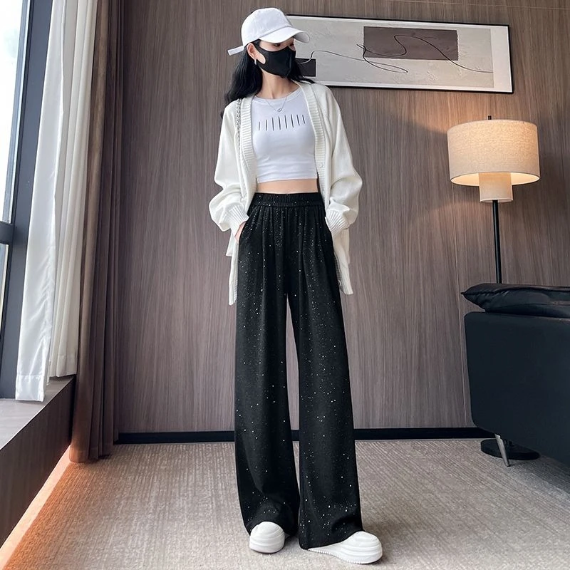 Women's High Waist Sequin Wide Leg Pants Spring Autumn Loose Straight Trousers Elegant Casual Party Wear