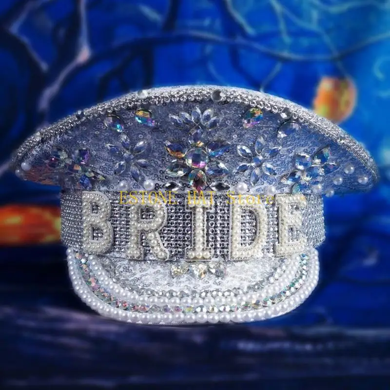 49MF Bride Hat Pearls Captain Hat Encrusted Large Rhinestones BRIDR