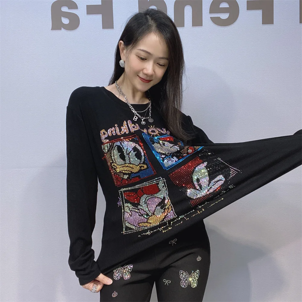 Fashion Autumn Winter Women Basic Tees Cute Cartoon Hot Drilling Black Slim Pullover Top High Stretch Black Long Sleeve T-shirt
