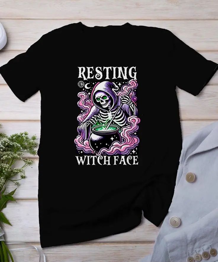 Resting Witch Face Skeleton Witch Potion T Shirt Women Halloween Gothic Graphic Tee Holiday Cotton Harajuku Y2k Top