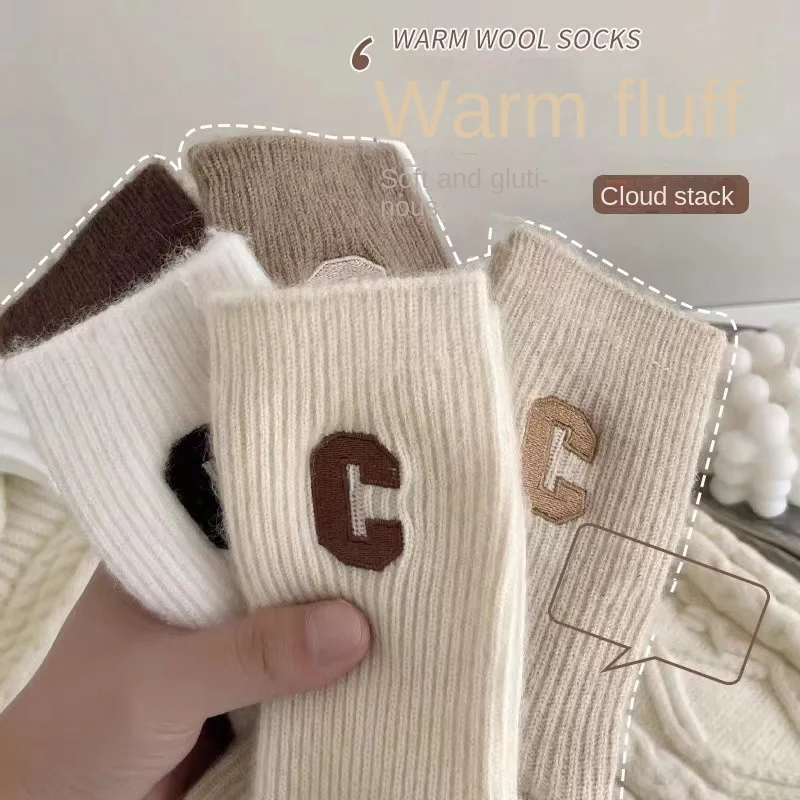 1PR High-Top Bunching Socks Women\'s Thickened Autumn and Winter Preppy Style Soft Girl Cute Wool Socks Cashmere Socks Long Socks