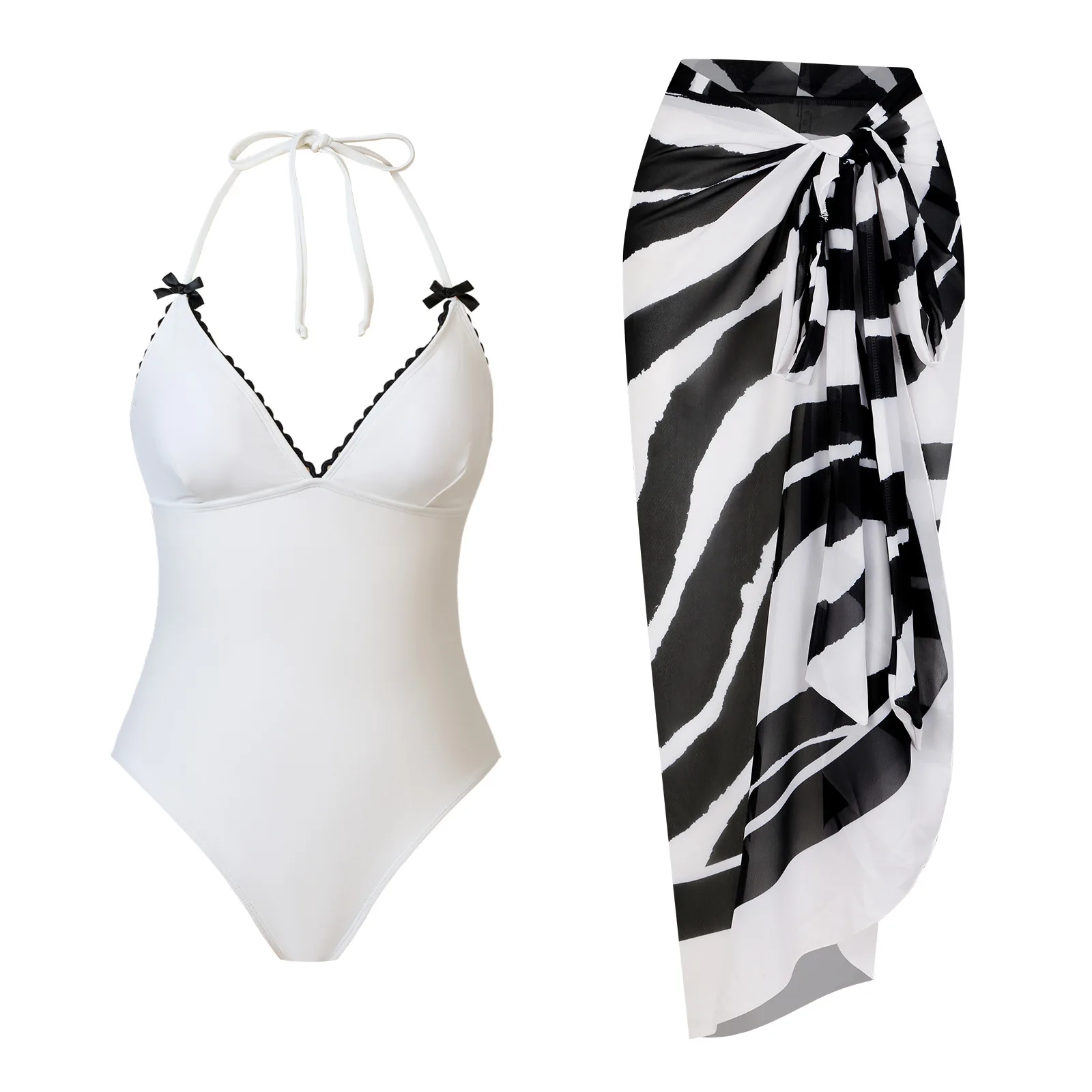 One-piece Swimsuit Set 2024 New Black and White Sexy Two-piece Swimsuit Chiffon Skirt Bodysuit Bathing Suit Female Beach Wear