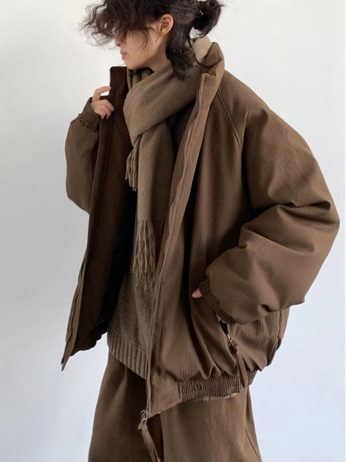 Jiwuus Winter Neutral Maillard Coffee Color Vertical Stripes Jacket Baseball Uniform Men's and Women's down Coat Cotton-Padde...