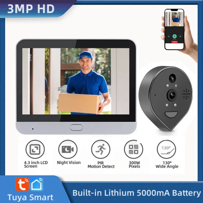 Tuya Smart Home 3MP Wireless Security Video Doorbell with Bell 4.3 Inch LCD Screen Alexa 120° Wide Angle Peephole For Home