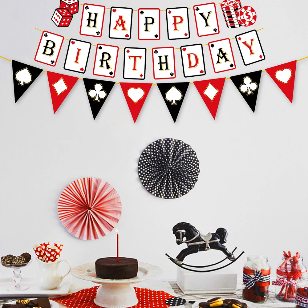 Casino Poker Karte Party Dekorationen Teller Tassen Servietten Happy Sign Banner Tischdecke Luftballons Las Vegas Geburtstag Party Supplies – Detail 5