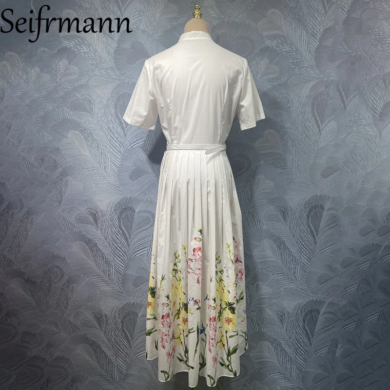Seifrmann 2026 Summer Women's New Fashionable Stand up Collar Short Sleeve Cotton Printed Belt Waist cinching Long Dress