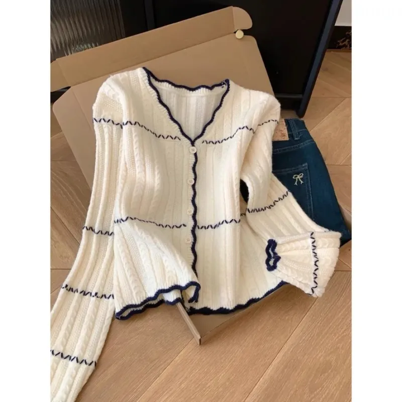 

Women Clothing Spring Autumn Fashion Korean Casual Button Color Blocking V-neck Knitting Female Appear Thin Long Sleeve Cardigan