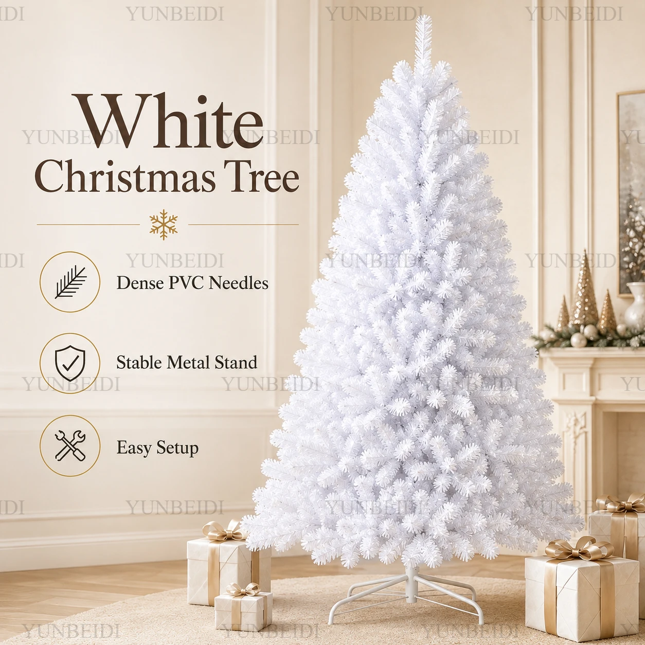 Weißer Weihnachtsbaum aus PVC, verschlüsselt mit LED, großer künstlicher Weihnachtsbaum 120CM bis 210CM, Weihnachtsdekoration für Zuhause und Weihnachtsfeier.