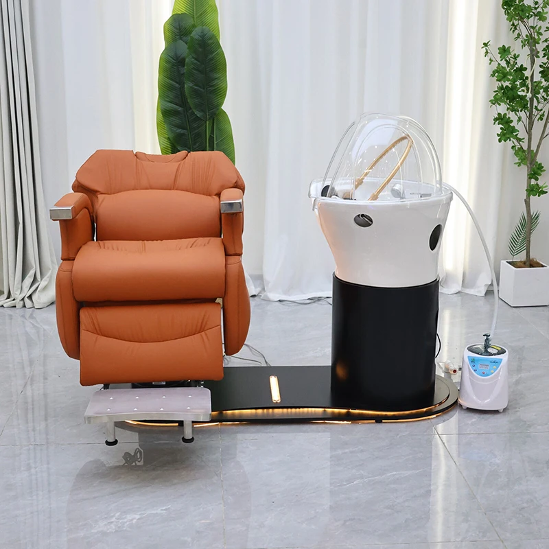 Barbershop Furniture Orange Leather Reclining Washing Chair Luxury Electric Adjustable Head Spa Treatment Shampoo Chair