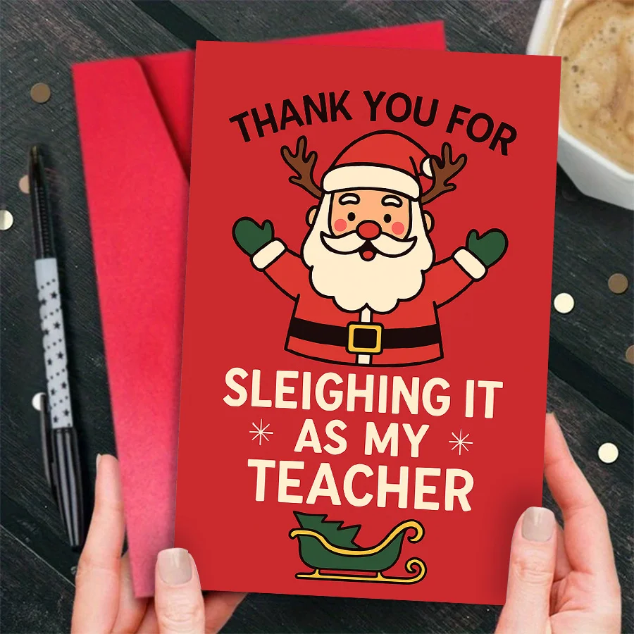 Tarjeta navideña divertida para profesores, gracias por trineo como mi maestro, juego de palabras, diseño de trineo de Papá Noel, regalo de agradecimiento festivo, 1 ud.