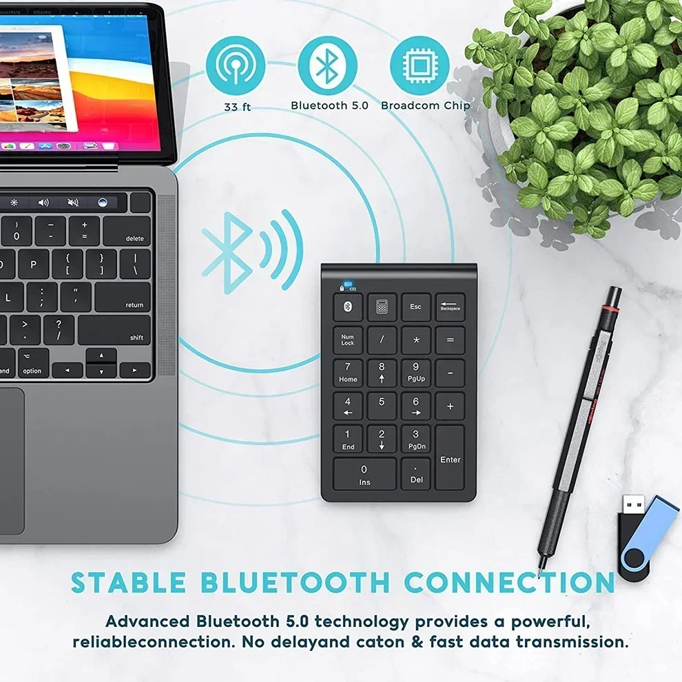 Rechargeable Wireless Numeric Keypad Bluetooth Number Pad Slim 22-Keys External Numpad Keyboard Data Entry