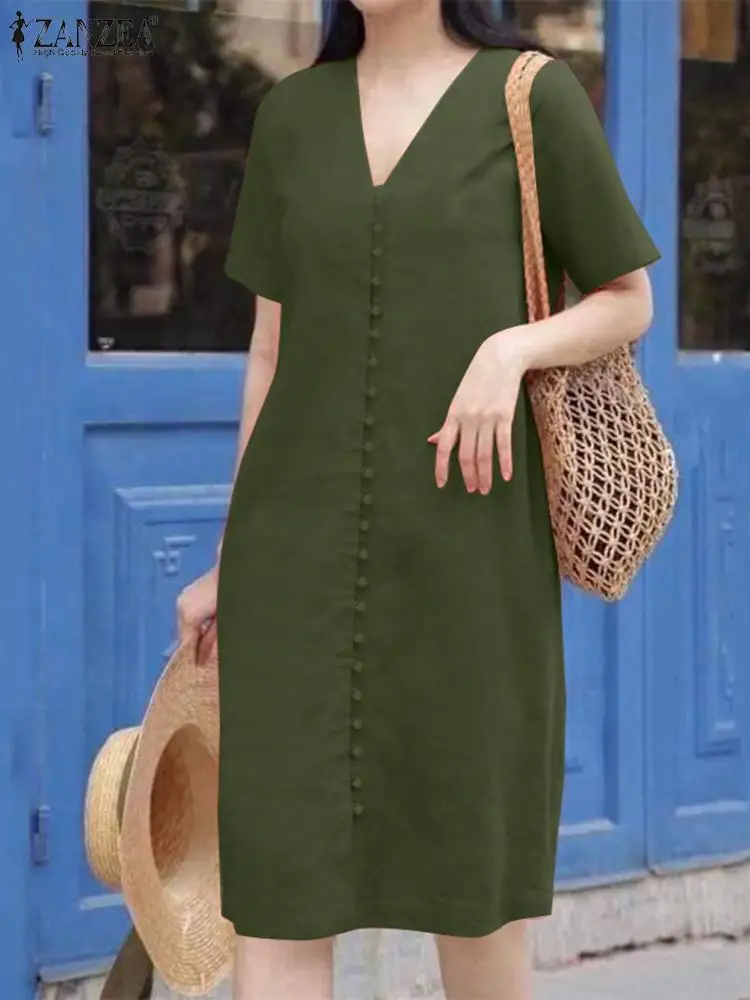 

ZANZEA Fashion OL Work Sundress Woman Elegant Solid Color Dress Short Sleeve V-Neck Dresses Female Casual Party Vestidos 2024