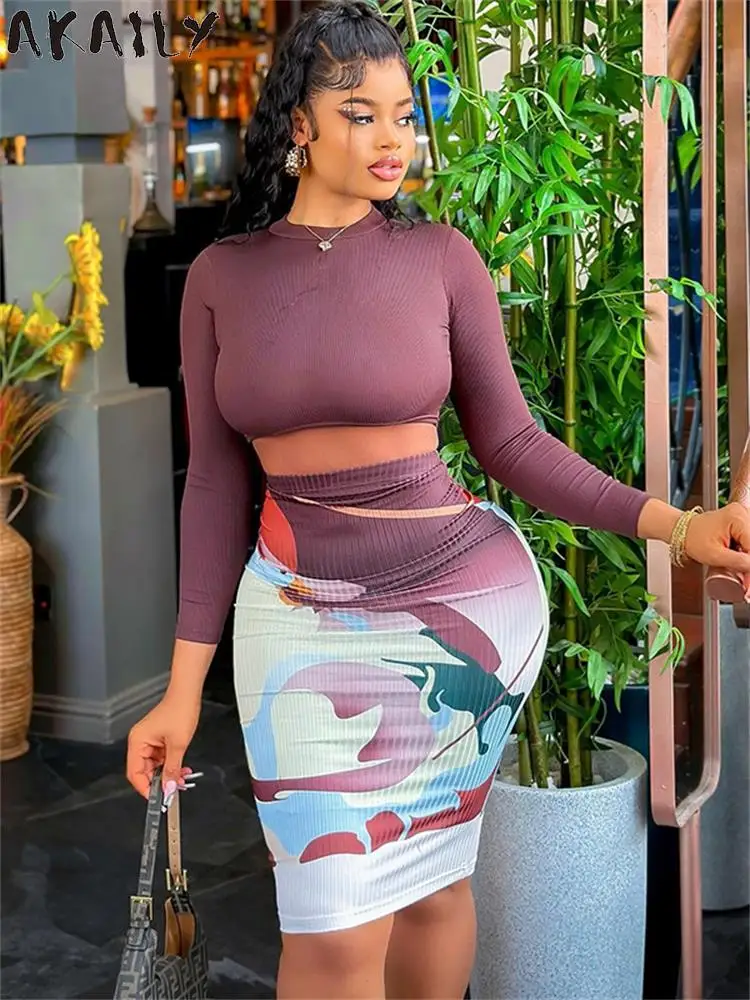 

Akaily Autumn Purple Long Sleeve 2 Two Piece Skirt Set Party Club Outfits For Women 2023 O Neck Bodycon Crop Top Midi Skirt Set