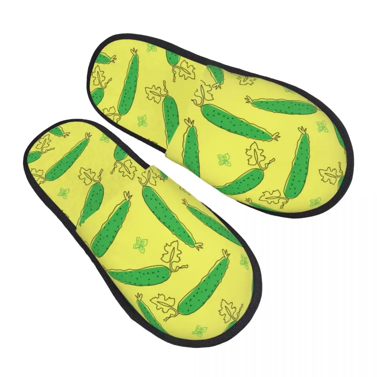 Soft Plush Cotton Hand Drawn Cucumber Pattern Slippers Shoes Non-Slip Floor Indoor Furry  For Bedroom