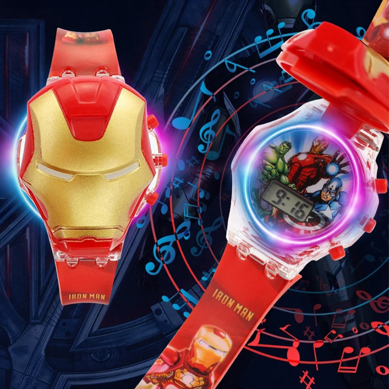 Marvel Spiderman Watch Music Projector Toys Anime Spider-Man Digital Clock Wristwatches Figure Iron Man Electronic Watches Gift