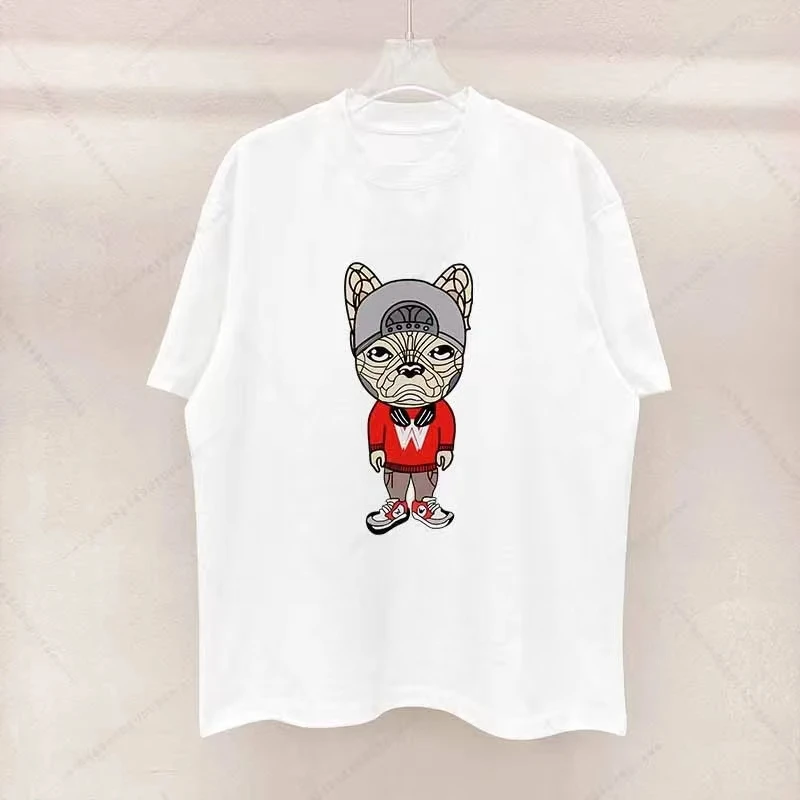 Men's cartoon French dog print T-shirt - Casual loose short-sleeved round-neck top - Streetwear