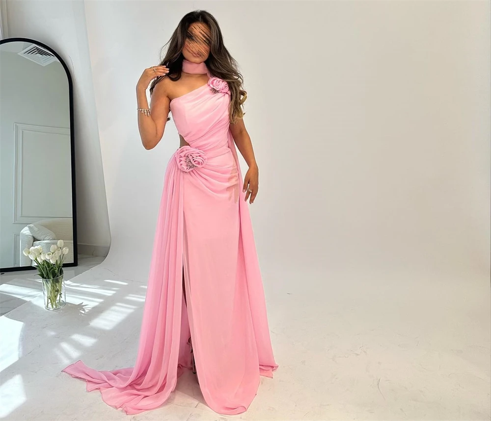 Customized Ball Exquisite Halter Sheath Evening Party Flowers Fold Draped Chiffon Prom Dresses Vestidos De Noche Elegantes Para