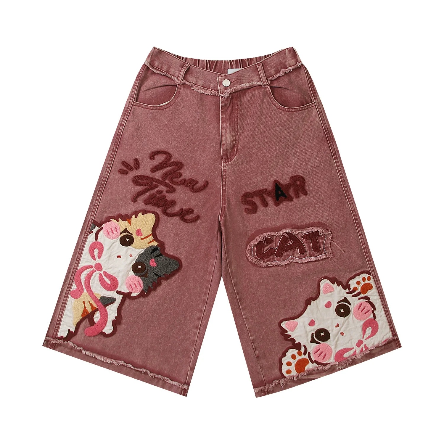 

Men's Fun Cat Embroidery Distressed Washed Denim Shorts American Style Vintage Washed Loose Wide Leg Pants Straight Knee